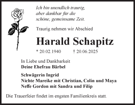 Traueranzeige von Harald Schapitz von Volksstimme Magdeburg