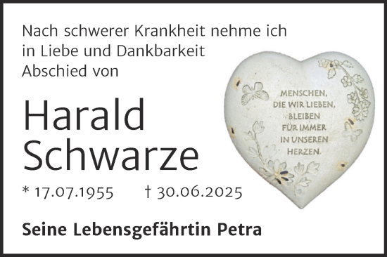 Traueranzeige von Harald Schwarze von Trauerkombi Zeitz