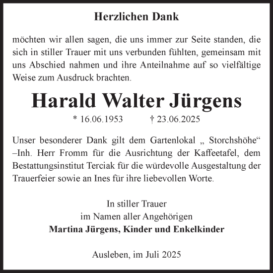 Traueranzeige von Harald Walter Jürgens von Volksstimme Oschersleben/Wanzleben