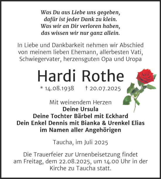 Traueranzeige von Hardi Rothe von Trauerkombi Weißenfels