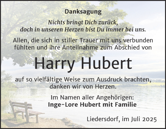 Traueranzeige von Harry Hubert von Trauerkombi Sangerhausen