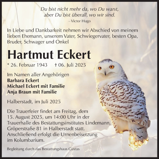 Traueranzeige von Hartmut Eckert von Volksstimme Halberstadt