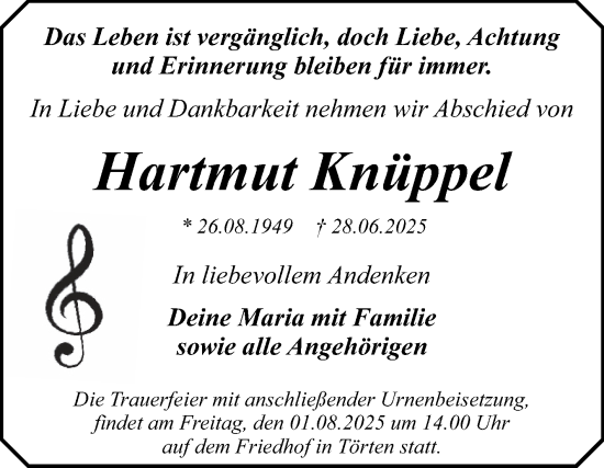 Traueranzeige von Hartmut Knüppel von Trauerkombi Dessau