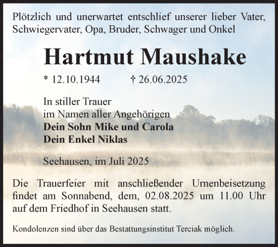 Traueranzeige von Hartmut Maushake von Volksstimme Oschersleben/Wanzleben