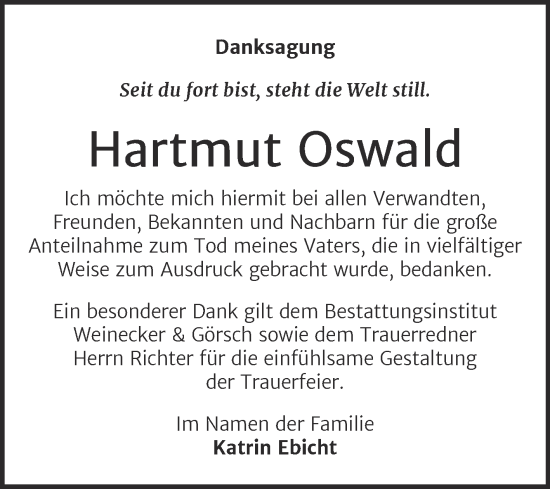 Traueranzeige von Hartmut Oswald von Trauerkombi Bernburg