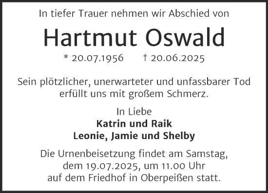 Traueranzeige von Hartmut Oswald von Trauerkombi Bernburg