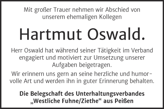 Traueranzeige von Hartmut Oswald von Super Sonntag Bernburg