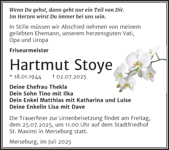 Traueranzeige von Hartmut Stoye von Trauerkombi Merseburg