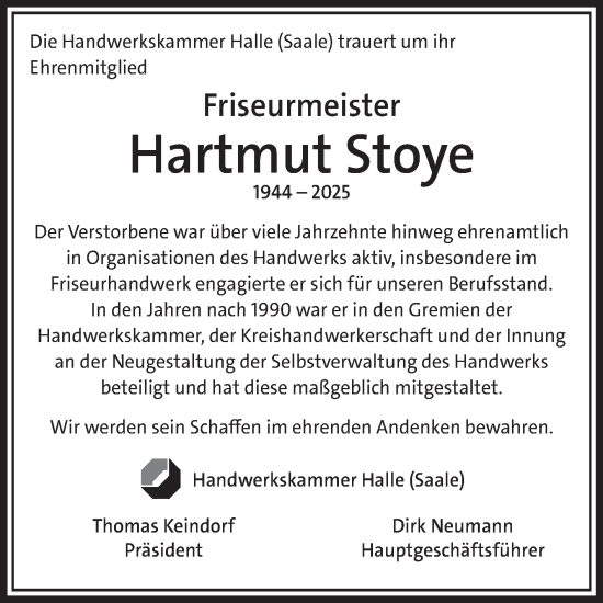 Traueranzeige von Hartmut Stoye von Mitteldeutsche Zeitung Halle/Saalkreis