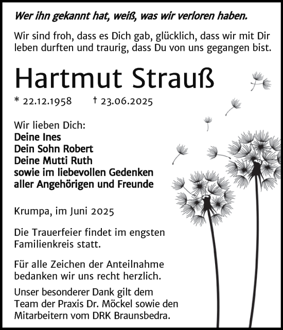 Traueranzeige von Hartmut Strauß von Trauerkombi Merseburg