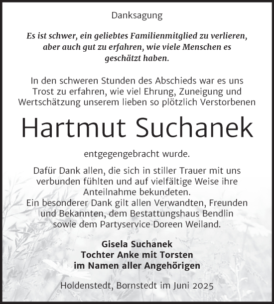 Traueranzeige von Hartmut Suchanek von Trauerkombi Mansfelder Land