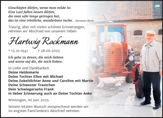 Traueranzeige von Hartwig Rockmann von Trauerkombi Aschersleben
