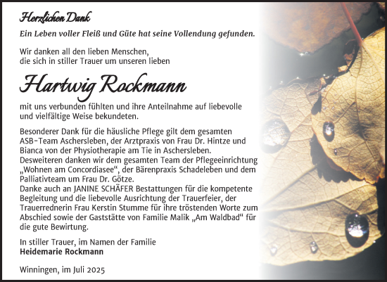 Traueranzeige von Hartwig Rockmann von Trauerkombi Aschersleben