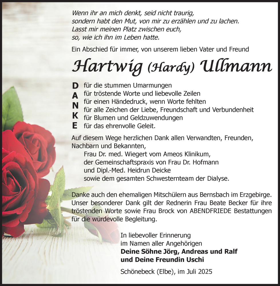  Traueranzeige für Hartwig Ullmann vom 12.07.2025 aus Volksstimme Schönebeck