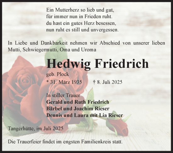 Traueranzeige von Hedwig Friedrich von Volksstimme Altmark Ost