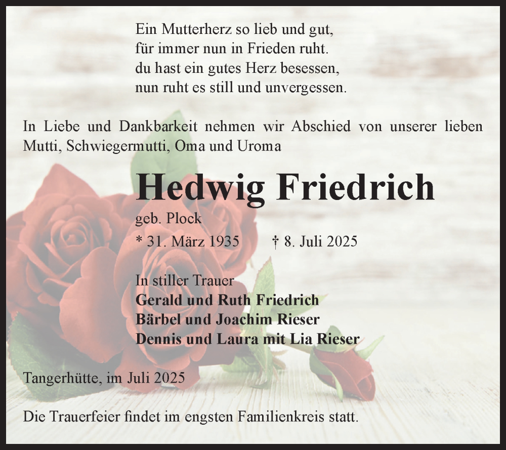  Traueranzeige für Hedwig Friedrich vom 12.07.2025 aus Volksstimme Altmark Ost