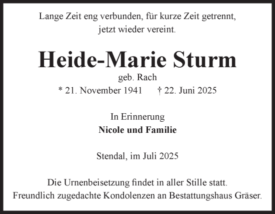 Traueranzeige von Heide-Marie Sturm von Volksstimme Altmark Ost