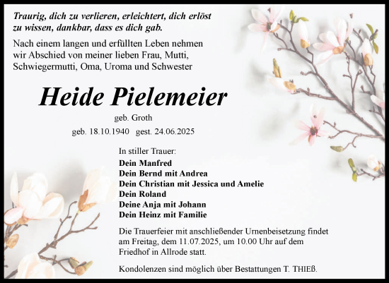 Traueranzeige von Heide Pielemeier von Trauerkombi Quedlinburg