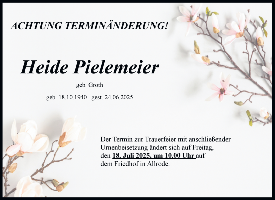 Traueranzeige von Heide Pielemeier von Trauerkombi Quedlinburg