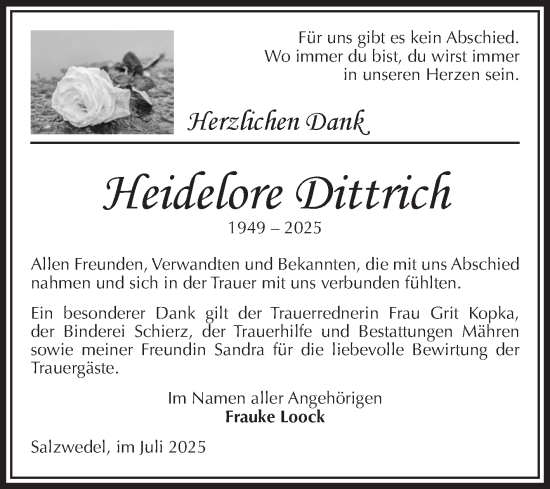 Traueranzeige von Heidelore Dittrich von Volksstimme Altmark West