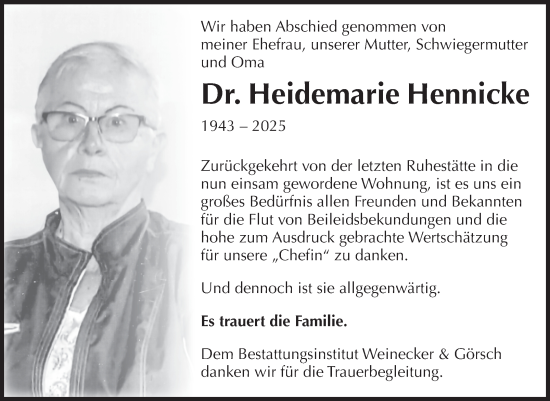 Traueranzeige von Heidemarie Hennicke von Volksstimme Staßfurt