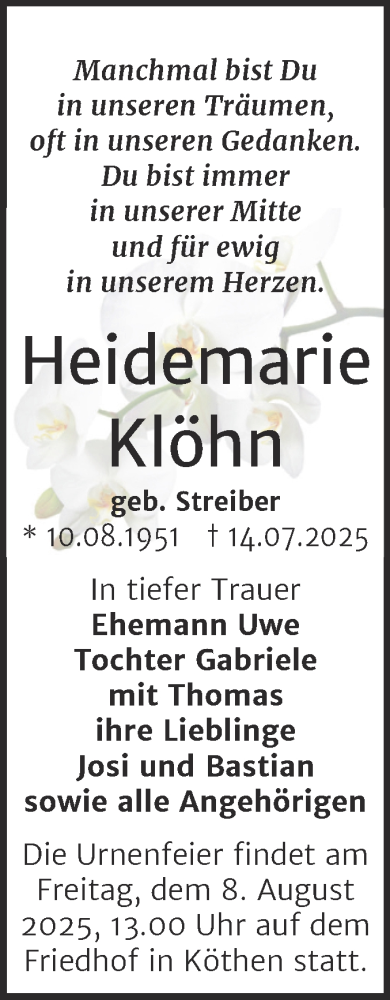 Traueranzeige von Heidemarie Klöhn von Trauerkombi Köthen