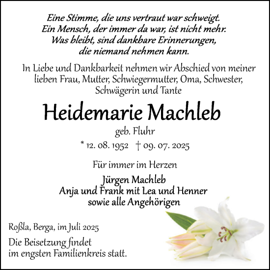Traueranzeige von Heidemarie Machleb von Trauerkombi Sangerhausen