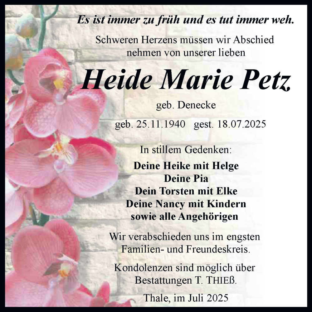  Traueranzeige für Heide Marie Petz vom 26.07.2025 aus Trauerkombi Quedlinburg