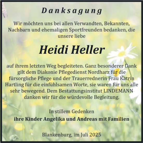 Traueranzeige von Heidi Heller von Volksstimme Wernigerode