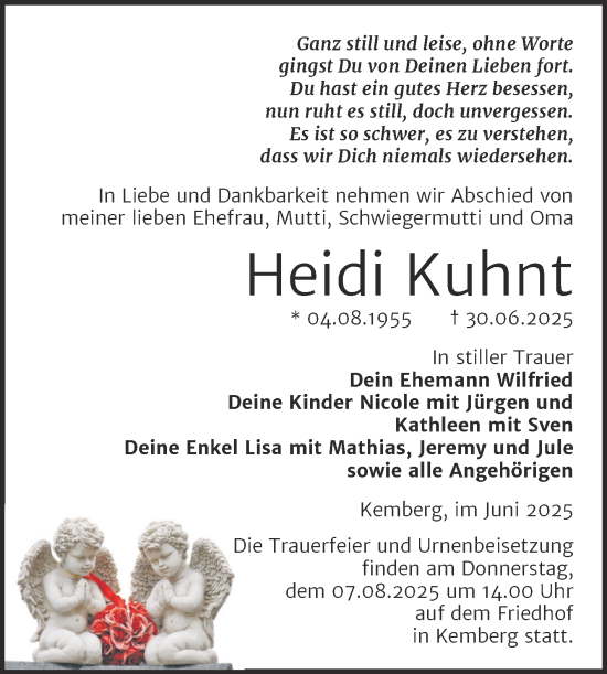 Traueranzeige von Heidi Kuhnt von Trauerkombi Wittenberg