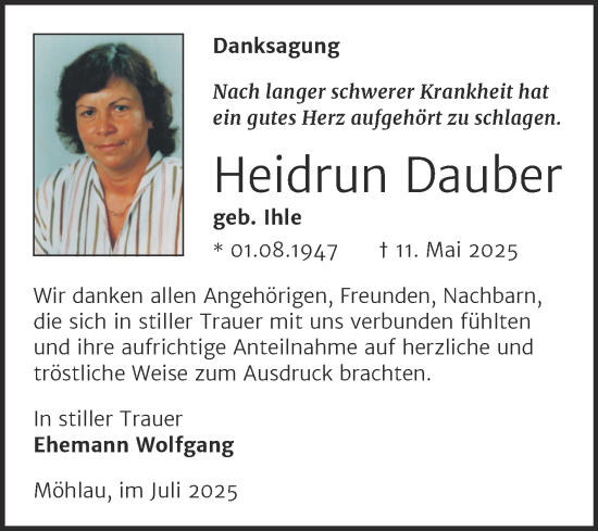 Traueranzeige von Heidrun Dauber von Trauerkombi Wittenberg