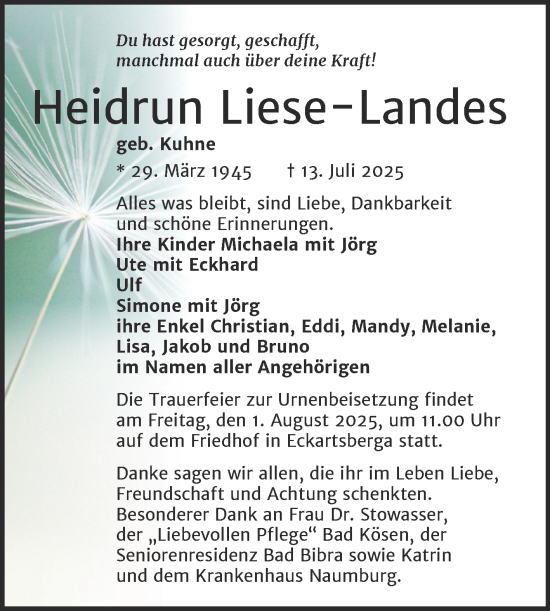 Traueranzeige von Heidrun Liese-Landes von Super Sonntag Naumburg/Nebra