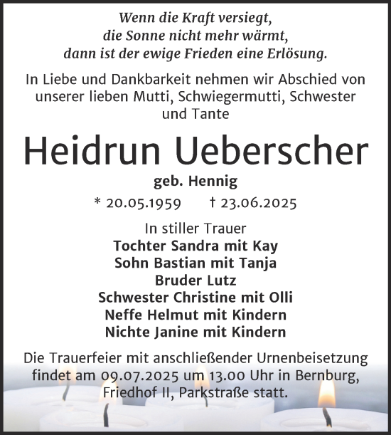 Traueranzeige von Heidrun Ueberscher von Trauerkombi Bernburg