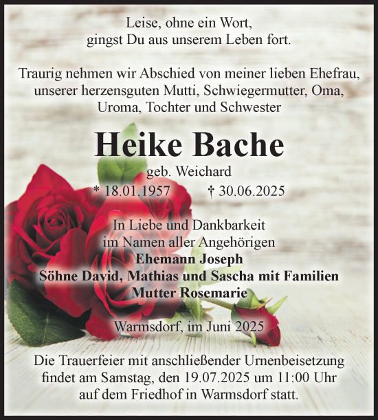 Traueranzeige von Heike Bache 