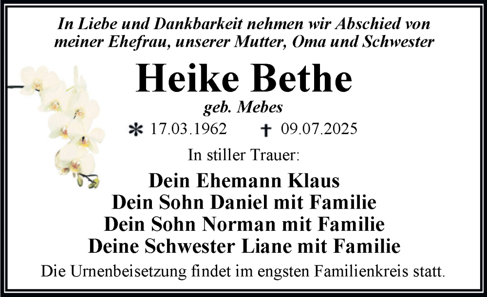  Traueranzeige für Heike Bethe vom 19.07.2025 aus Trauerkombi Dessau