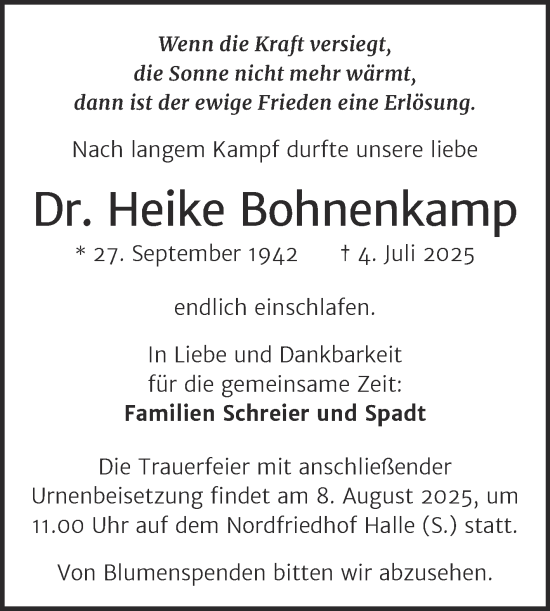 Traueranzeige von Heike Bohnenkamp von Mitteldeutsche Zeitung Halle/Saalkreis