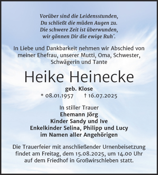 Traueranzeige von Heike Heinecke von Trauerkombi Bernburg
