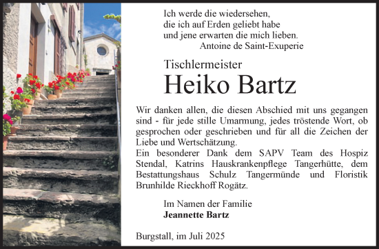 Traueranzeige von Heiko Bartz von Volksstimme Altmark Ost