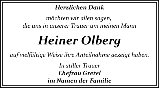 Traueranzeige von Heiner Olberg von Trauerkombi Bitterfeld