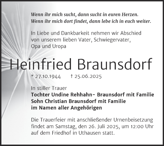 Traueranzeige von Heinfried Braunsdorf von Trauerkombi Wittenberg