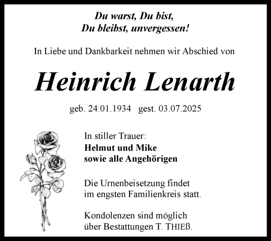 Traueranzeige von Heinrich Lenarth von Trauerkombi Quedlinburg