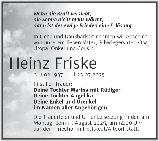 Traueranzeige von Heinz Friske von Trauerkombi Mansfelder Land
