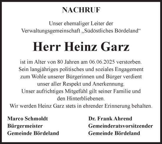 Traueranzeige von Heinz Garz von Volksstimme Schönebeck