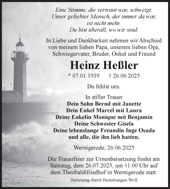 Traueranzeige von Heinz Heßler von Volksstimme Wernigerode