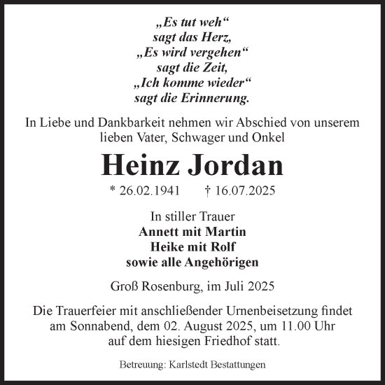 Traueranzeige von Heinz Jordan von Volksstimme Schönebeck