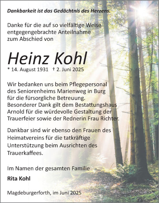 Traueranzeige von Heinz Kohl 