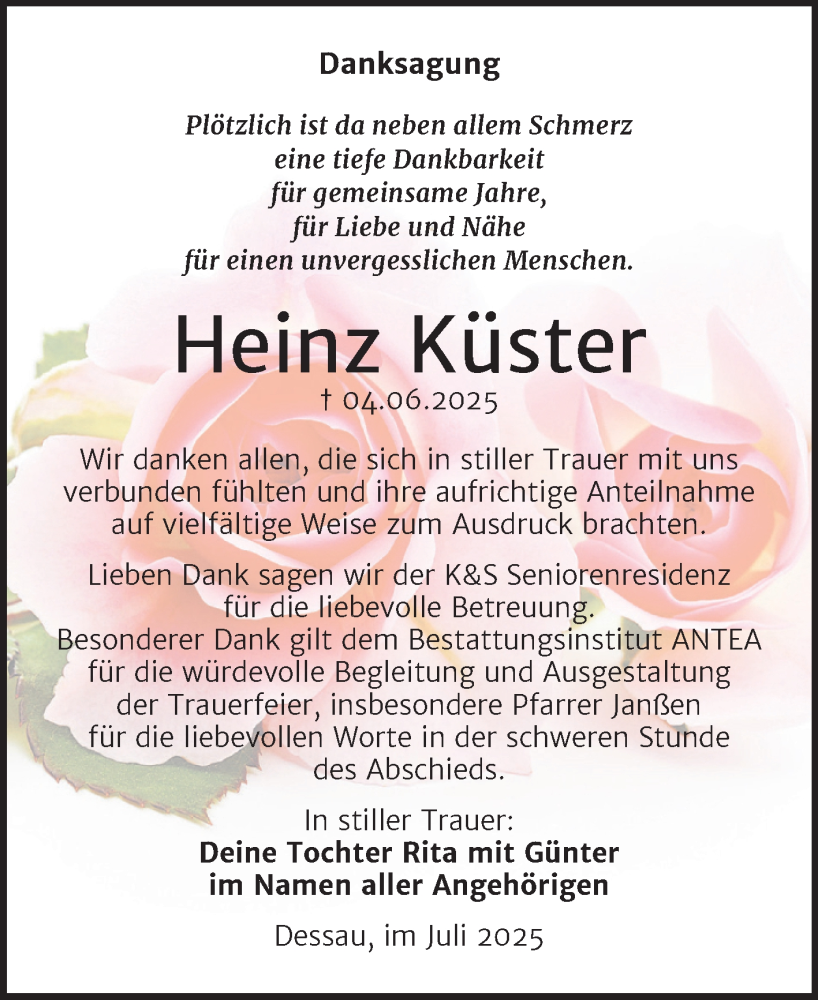  Traueranzeige für Heinz Küster vom 26.07.2025 aus Trauerkombi Dessau
