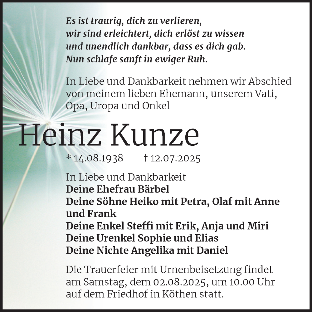  Traueranzeige für Heinz Kunze vom 19.07.2025 aus Trauerkombi Köthen