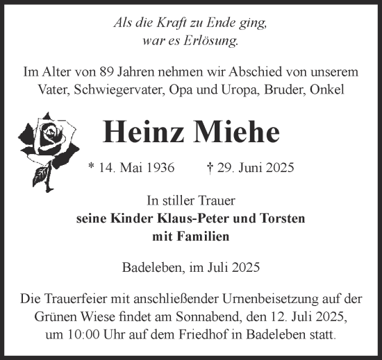 Traueranzeige von Heinz Miehe von Volksstimme Oschersleben/Wanzleben