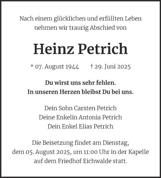 Traueranzeige von Heinz Petrich von Mitteldeutsche Zeitung Mansfelder Land